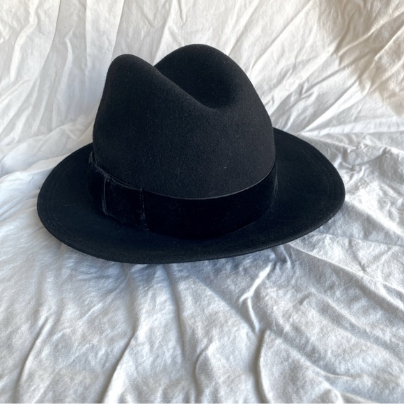 Vintage Mr. K / Geo W Bollmann  Black 100% Wool Felt Fedora Hat/Velvet Band - Picture 1 of 11